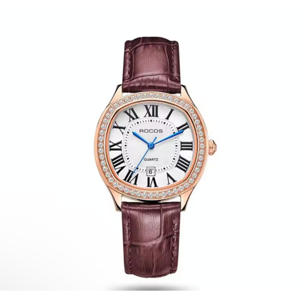 ROCOS Women’s Watch – Roman Dial, Leather Strap, Crystal Bezel
